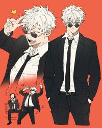 2boys arms_up belt black_belt black_hair black_jacket black_necktie black_pants black_suit blue_eyes cellphone closed_mouth collared_shirt cowboy_shot deka_power formal_clothes getou_suguru gojou_satoru hand_up hands_in_pockets highres holding holding_phone jacket jujutsu_kaisen long_sleeves looking_at_viewer male_focus multiple_boys necktie o3o one_eye_closed open_mouth pants phone red_background round_eyewear shirt short_hair simple_background sitting smartphone smile standing suit sunglasses v white_hair white_shirt