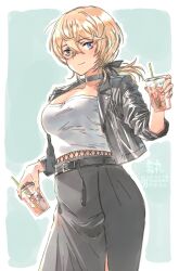 1girl black_choker black_jacket black_ribbon black_skirt blonde_hair blue_eyes breasts choker cleavage closed_mouth commission cup disposable_cup drinking_straw hair_ribbon highres holding holding_cup jacket kantai_collection looking_at_viewer medium_breasts open_clothes open_jacket ribbon shirt simple_background skeb_commission skirt solo suzumaru tuscaloosa_(hinamatsuri)_(kancolle) tuscaloosa_(kancolle) white_shirt
