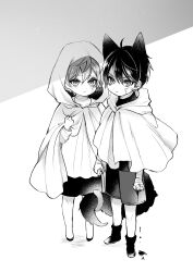 2boys absurdres ace_trappola aged_down animal_ears arm_up boots cape capelet closed_mouth commentary_request deuce_spade dot_nose facial_mark full_body gauze gauze_on_cheek greyscale hair_between_eyes heart highres holding_hands hood hooded_cape kemonomimi_mode looking_at_viewer male_focus mofu_twst monochrome multiple_boys parted_bangs short_hair shorts spade_(shape) tail twisted_wonderland
