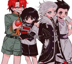 4boys aged_down apple black_eyes black_hair blue_eyes book brown_eyes card child chrollo_lucilfer chrollo_lucilfer_(cosplay) coat cosplay costume_switch cross_tattoo facepaint facial_mark feet_out_of_frame food forehead_mark forehead_tattoo fruit fur-trimmed_coat fur_trim gon_freecss gon_freecss_(cosplay) grey_hair highres hisoka_morow hisoka_morow_(cosplay) holding holding_book holding_card holding_food holding_fruit hunter_x_hunter jacket killua_zoldyck killua_zoldyck_(cosplay) long_sleeves male_focus mizu1202001 multiple_boys red_hair shirt short_hair shorts simple_background sleeveless smile spiked_hair star_(symbol) star_facial_mark sweatdrop tattoo teardrop_facial_mark white_background yellow_eyes