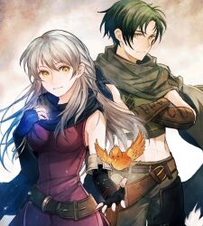 1boy 1girl bird crop_top crossed_arms elbow_gloves fingerless_gloves fire_emblem fire_emblem:_radiant_dawn gloves green_hair grey_hair greyscale highres leaf_(esabacoo) long_hair micaiah_(fire_emblem) monochrome nintendo orange_bird scarf short_hair sothe_(fire_emblem) twitter_username yellow_eyes yune_(fire_emblem)