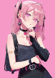 1girl absurdres ahoge bandaid bandaid_on_arm belt black_belt black_choker black_ribbon black_shirt black_skirt black_sleeves breasts chamal_z choker cleavage collarbone detached_sleeves earrings hair_between_eyes hair_intakes hair_ribbon head_tilt heart heart_earrings heart_pendant highres jewelry long_hair long_sleeves original parted_lips pink_background pink_eyes pink_hair pleated_skirt ribbon shirt single_sleeve skirt sleeveless sleeveless_shirt sleeves_past_wrists small_breasts solo standing twintails upper_body