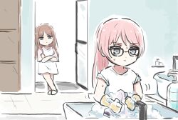 2girls bang_dream! bang_dream!_it&#039;s_mygo!!!!! blue_eyes brown_hair chihaya_anon commentary_request crossed_arms foam glasses grey_eyes highres indoors long_hair lyy multiple_girls nagasaki_soyo pink_hair ponytail shirt sidelocks sleeves_rolled_up sweat washing_clothes white_shirt