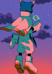 1boy blue_hood cape cloud dusk facing_away floating floating_object gears highres kirby&#039;s_return_to_dream_land kirby_(series) magolor male_focus menma_(enaic31) mittens nintendo pants rayman_limbs solo star_(sky) suspenders white_cape white_footwear white_mittens white_pants