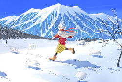 1girl absurdres animal_ears bare_tree black_eyes black_pantyhose blue_sky boots bright_pupils brown_boots capelet commentary_request day field footprints forest grey_capelet happy highres long_skirt long_sleeves looking_at_viewer looking_back mittens mountain nature open_mouth original outdoors pantyhose pink_socks rabbit rabbit_ears rabbit_girl rabbit_tail red_scarf red_sweater running scarf scenery shadow short_hair skirt sky smile snow snow_boots socks socks_over_pantyhose solo sparkle star-shaped_pupils star_(symbol) sunlight sweater symbol-shaped_pupils tail too_many too_many_rabbits tree tsukimoritsuki turning_head white_hair white_mittens white_pupils wide_shot winter winter_clothes yellow_skirt