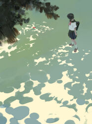 1girl absurdres bag bangqiao_yan black_hair black_sailor_collar black_skirt brown_shoes dappled_sunlight highres leaf loafers neckerchief original outdoors pleated_skirt red_neckerchief sailor_collar scenery school_bag school_uniform serafuku shade shadow shirt shoes short_sleeves skirt socks solo standing sunlight tree white_shirt white_socks