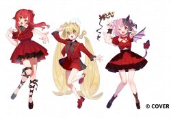 3girls :d ;d ahoge amaki_pururu angel_wings asymmetrical_wings black_boots black_hair black_horns black_nails black_shoes blonde_hair boots bow bowtie brown_bow brown_bowtie commentary_request copyright_notice criss-cross_halter crossed_bangs demon_tail demon_wings detached_hair dress earrings frilled_dress frills full_body gold_tiara hair_between_eyes hair_bow hair_ornament hairclip halo halterneck hand_up highres horns jacket jewelry lapels layered_dress loafers long_hair looking_at_viewer mismatched_wings multicolored_hair multiple_girls nekota_tsuna notched_lapels off-shoulder_dress off_shoulder official_art one_eye_closed open_hand open_mouth orange_eyes orange_hair pink_bow pink_hair pink_nails platform_boots pointing pointing_at_viewer puffy_short_sleeves puffy_sleeves reaching reaching_towards_viewer red_bow red_bowtie red_dress red_eyes red_hair red_jacket red_shoes red_skirt red_vest reject_(esports) shoes short_dress short_sleeves side_ponytail simple_background single_horn single_sidelock skirt smile split-color_hair star-shaped_pupils star_(symbol) streaked_hair symbol-shaped_pupils tail thigh_strap tilted_headwear tooko_(vtuber) twintails two-tone_hair uneven_twintails very_long_hair vest virtual_youtuber vspo! white_background white_wings wings yokujitsu