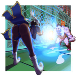 1boy 1girl ass battle bent_over boots breasts cameltoe capcom china_dress chinese_clothes chun-li dress energy_ball fire from_behind gate hanging_breasts kikouken knee_boots large_breasts legs legs_apart maruta_kentarou panties pantyhose pelvic_curtain street_fighter thighs thong underwear zangief