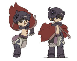 1boy amputee android artist_name brown_eyes brown_hair cape chibi closed_mouth collar damaged dot_mouth dot_nose facial_mark facial_tattoo fake_horns green_shorts hair_between_eyes helmet horned_helmet horns kawasemi27 looking_at_viewer looking_to_the_side made_in_abyss male_focus mechanical_arms mechanical_foot mechanical_hands mechanical_legs metal_collar multicolored_shorts navel pointy_ears purple_shorts red_cape reg_(made_in_abyss) robot shorts simple_background single_mechanical_arm single_mechanical_hand slit_pupils tattoo topless_male white_background