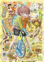 1girl angel_blue bag bow brown_eyes brown_hair cameo cat cellphone cellphone_charm character_charm character_request charm_(object) child clover commentary_request copyright_request corocorokuririn cosmetics daisy_lovers denim denim_shorts dia_(shugo_chara!) dog eraser figure flip_phone food four-leaf_clover gem green_bow hair_bow hair_ornament hairclip hamster hamtaro hamtaro_(series) hana-chan_(angel_blue) heart heisei heisei_retro highres holding holding_phone jacket kirarin_revolution koisuru_purin! lip_balm long_hair mamotte!_lollipop merchandise multicolor_pen na-san ochaken one_eye_closed original pancake pancake_stack peace_symbol pen pencil pencil_case phone ponytail pudding pukupuku_(pukupuku_tennen_kairaiban) pukupuku_tennen_kairanban q-lia ruler safety_scissors san-x sanrio scissors scrunchie shaped_eraser shinanashina shoes short_hair shorts shugo_chara! smiley_face sneakers socks solo standing star_(symbol) stationery tamagotchi tamagotchi_(virtual_pet) tamagotchi_connection toy tsukishima_kirari unicycle usahana wan_wan_wanco yamada_(pukupuku_tennen_kairanban) yellow_shoes yellow_theme