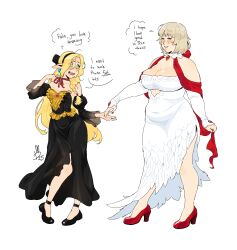 2girls black_shoes blonde_hair breasts cleavage closed_eyes covered_navel dungeon_meshi elf english_text falin_touden feather-trimmed_dress gold_trim green_eyes grey_hair highres large_breasts marcille_donato mmmmuda multiple_girls official_alternate_costume plump pointy_ears red_shawl red_shoes shawl shoes simple_background smile speech_bubble thought_bubble yuri