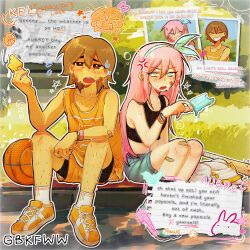 1boy 1girl anger_vein artist_name aubrey_(faraway)_(omori) aubrey_(omori) ball bandaid bandaid_on_arm basketball_(object) bike_shorts bike_shorts_under_shorts blue_eyes blue_hairband blue_skirt blush brown_eyes brown_hair collarbone dark-skinned_male dark_skin denim denim_skirt ear_piercing english_text flying_sweatdrops food gbkfww hairband highres holding holding_food holding_popsicle jacket kel_(faraway)_(omori) kel_(omori) leg_hair omori open_mouth orange_shoes orange_shorts photo_(object) piercing pink_hair popsicle shoes short_hair shorts sitting skirt sneakers socks sweat teeth unworn_jacket upper_teeth_only white_jacket white_socks