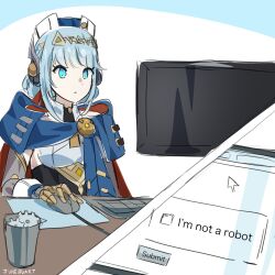 Rule 34 | 1girl, android, blue eyes, blue hair, cape, captcha, closed mouth, commentary, computer, computer mouse, cursor, english commentary, gears, genshin impact, hat, highres, ineffa (genshin impact), joints, junebuart, monitor, mousepad (object), robot joints, signature, simple background, solo, table, upper body