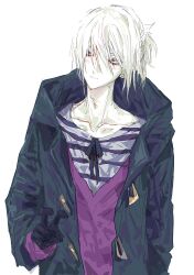 1boy blue_eyes blush eyeshadow eyeshadow_under_eye fate/grand_order fate_(series) hair_between_eyes highres hood hooded_jacket jacket karna_(fate) long_sleeves looking_to_the_side makeup male_focus ngg_n pale_skin ponytail red_eyeshadow shirt short_hair simple_background solo upper_body v white_background white_hair