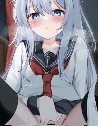 1girl black_thighhighs blue_eyes blush calin character_request collarbone grey_hair hair_between_eyes highres kantai_collection long_hair looking_at_viewer out_of_frame paid_reward_available school_uniform serafuku sidelocks sitting skirt solo spread_pussy spreading_own_pussy sweatdrop thighhighs