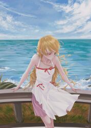 1girl absurdres bare_shoulders blonde_hair chinese_commentary closed_mouth cloud commentary_request day dress feet_out_of_frame grass guard_rail hand_on_railing highres long_hair looking_down looking_to_the_side mi24789 monogatari_(series) ocean oshino_shinobu outdoors pointy_ears signature sky sleeveless sleeveless_dress solo very_long_hair white_dress yellow_eyes