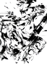 Rule 34 | 2boys, absurdres, aiming, assault rifle, bandana, casing ejection, close-up, closed mouth, firing, from side, gloves, greyscale, gun, h&amp;k mark 23, handgun, handle, highres, holding, holding gun, holding weapon, laser, laser pointer projection, laser sight, looking ahead, m4 carbine, male focus, metal gear (series), metal gear solid 2: sons of liberty, monochrome, multiple boys, official art, raiden (metal gear), rifle, serious, shell casing, shinkawa youji, short hair, simple background, sketch, solid snake, suppressor, upper body, weapon