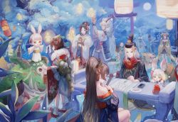 2boys 6+girls animal_ears arm_up bare_legs bare_shoulders black_hair blonde_hair bob_cut braid brown_hair calligraphy_brush character_request daruma_doll floral_print flower food fur_collar fur_trim green_eyes hair_flower hair_ornament hair_rings hand_fan holding holding_brush horns ibaraki_(onmyoji) inkwell japanese_clothes kagura_(onmyoji) kimono lantern long_hair long_sleeves looking_at_another braided_hair_rings maccha_(mochancc) momo_(onmyoji) moon multiple_boys multiple_girls night night_sky obi off_shoulder on_head oni_horns onmyoji onmyouji outdoors outstretched_arms paintbrush painting_(action) painting_(object) paper_lantern parted_bangs plate platform_footwear pointy_ears ponytail rabbit_ears red_eyes red_kimono robe sash scarf short_kimono sidelocks sitting sky socks standing t-pose table tree very_long_hair white_hair white_kimono wide_sleeves x_hair_ornament yamausagi yellow_kimono youtouhime
