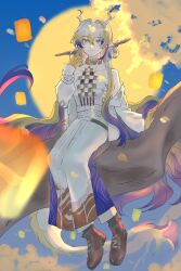 Rule 34 | 1girl, absurdres, ankle boots, arknights, bare shoulders, beads, blonde hair, boots, branch, brown boots, closed mouth, dongyi01846, dragon girl, dragon horns, dragon tail, earrings, full body, grey eyes, hair between eyes, hair intakes, highres, horns, jacket, jewelry, light smile, long skirt, long sleeves, looking at viewer, off shoulder, on branch, on tree, pointy ears, purple hair, shu (arknights), sitting, sitting on branch, sketch, skirt, solo, strapless, tail, tube top, white hair, white jacket, white skirt, white tube top