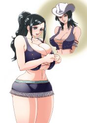 1girl absurdres bare_shoulders blunt_bangs blush boots breasts closed_mouth coat cowboy_hat cross-laced_clothes cross-laced_top dark-skinned_female dark_skin flower hat highres huge_breasts large_breasts looking_at_viewer looking_down mature_female nico_robin nico_robin_(alabasta) one_piece ponytail rose sidelocks solo standing undersized_clothes white_background white_hat wrato