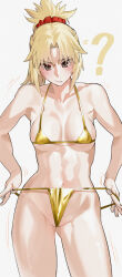 1girl ? absurdres bikini blonde_hair breasts closed_mouth collarbone commentary fang fate/apocrypha fate_(series) gold_bikini green_eyes grey_background highres kamisato_sora medium_breasts mordred_(fate) mordred_(fate/apocrypha) navel ponytail short_hair simple_background solo standing swimsuit thighs