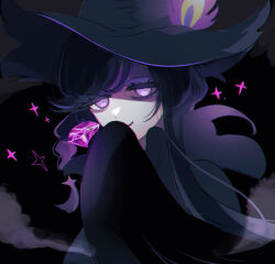 Rule 34 | 1girl, bags under eyes, black background, black hair, black hat, black robe, braid, closed mouth, commentary request, cookie run, cookie run: ovenbreak, crowberry cookie, diamond (gemstone), eyelashes, feathers, glowing, glowing eye, hand up, hat, humanization, long hair, long sleeves, mamimumemo, partially shaded face, purple eyes, robe, simple background, smile, solo, sparkle, swept bangs, wide sleeves, witch hat