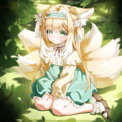 1girl animal_ears aqua_hairband aqua_skirt arknights blonde_hair bobby_socks brown_shoes cardigan closed_mouth colored_tips fox_ears fox_girl fox_tail frilled_hairband frills full_body green_eyes hair_ornament hair_scrunchie hairband high-waist_skirt highres kitsune kyuubi long_hair long_sleeves looking_at_viewer mary_janes mint_ch multicolored_hair multiple_tails neck_ribbon official_alternate_costume puffy_long_sleeves puffy_sleeves red_ribbon ribbon scrunchie shirt shoes sitting skirt sleeves_past_wrists socks solo suzuran_(arknights) suzuran_(spring_praise)_(arknights) tail two-tone_hair wariza white_hair white_shirt white_socks yellow_cardigan