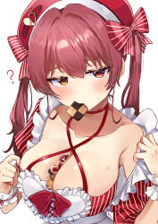 1girl absurdres alternate_costume beret blush breasts choker cleavage closed_mouth cookie dress food food_between_breasts hair_ribbon halterneck hat heterochromia highres hololive houshou_marine large_breasts long_hair looking_at_viewer mouth_hold r18_ayame red_choker red_dress red_eyes red_hair red_ribbon ribbon solo twintails virtual_youtuber yellow_eyes