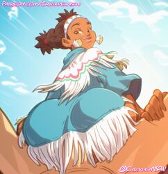 1girl :q ass blue_sky chickpea_(chickpeansfw) cloud dark-skinned_female dark_skin earrings jewelry lily_hawk lips long_hair penis sex sitting sky street_fighter street_fighter_6 tongue tongue_out
