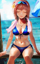 1girl absurdres bikini blue_bikini blue_sky breasts cleavage closed_eyes day eyewear_on_head facing_viewer flower front-tie_bikini_top front-tie_top grace16 hair_bun hair_flower hair_ornament highres jewelry knees large_breasts medium_hair navel necklace ocean outdoors side-tie_bikini_bottom single_hair_bun sitting sky smile solo stomach sunglasses swimsuit thighs towel towel_around_neck variant_set yahari_ore_no_seishun_lovecome_wa_machigatteiru. yuigahama_yui