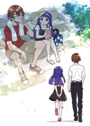 Rule 34 | 1boy, 1girl, age difference, arms behind back, belt, black dress, black footwear, black pants, black skirt, blue bag, blunt bangs, bow, brown hair, brown shorts, closed eyes, dress, drinking, floral print, from behind, furude rika, grass, hair between eyes, hat, highres, higurashi no naku koro ni, holding thermos, ito fumi, light smile, long hair, maebara keiichi, pants, pink shoes, pleated skirt, purple eyes, purple hair, red shirt, sandals, school uniform, shirt, shoes, short hair, short sleeves, shorts, sitting, skirt, sneakers, socks, stairs, suspender skirt, suspenders, sweat, teenage boy and younger girl, thermos, towel, towel around neck, walking, white headwear, white shirt, white socks, yellow bow