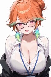 1girl alternate_costume alternate_hairstyle bespectacled breasts cleavage collarbone collared_shirt commentary english_commentary foame glasses hair_bun highres hololive hololive_english lanyard large_breasts office_lady open_mouth orange_hair purple_eyes shirt simple_background solo takanashi_kiara upper_body virtual_youtuber white_background white_shirt