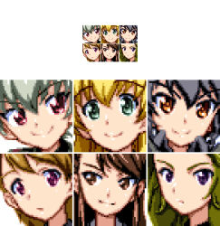 Rule 34 | 2ac5, 6+girls, amaretto (girls und panzer), anchovy (girls und panzer), bad id, bad pixiv id, black hair, blonde hair, brown eyes, brown hair, carpaccio (girls und panzer), character request, check character, closed mouth, commentary request, expressionless, gelato (girls und panzer), girls und panzer, green eyes, green hair, hair between eyes, inactive account, looking at viewer, looking to the side, medium hair, multiple girls, orange eyes, panettone (girls und panzer), pepperoni (girls und panzer), pink eyes, pixel art, purple eyes, red eyes, short hair, smile, split mouth