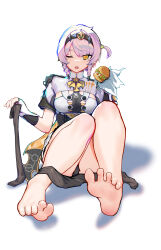 1girl absurdres anby_demara barefoot black_thighhighs burger feet highres hongse_mayi_sanbeisu looking_at_viewer medium_hair one_eye_closed open_mouth panties pantyshot socks soles thighhighs toes underwear unworn_socks unworn_thighhighs white_hair yellow_eyes zenless_zone_zero