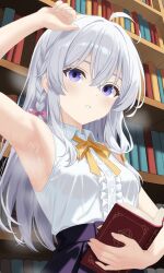 1girl absurdres ahoge book bookshelf bow bowtie braid breasts center_frills collared_shirt commentary crossed_bangs dress_shirt elaina_(majo_no_tabitabi) english_commentary frills hair_between_eyes hair_bow hair_tubes high-waist_skirt highres holding holding_book indoors lewd_chan light_blush long_bangs long_hair looking_at_viewer majo_no_tabitabi parted_lips pink_bow pleated_skirt purple_eyes purple_skirt shirt side_braid single_braid single_hair_tube skirt sleeveless sleeveless_shirt small_breasts solo standing steam steaming_body straight_hair sweat upper_body variant_set white_hair white_shirt wispy_bangs yellow_bow yellow_bowtie
