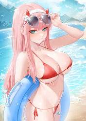 1girl absurdres beach bikini breasts cleavage collarbone darling_in_the_franxx day eyewear_on_head highres horns innertube long_hair looking_at_viewer navel ocean outdoors pink_hair princess_peach red_bikini sky smile solo string_bikini sunglasses swim_ring swimsuit washout008 water zero_two_(darling_in_the_franxx)