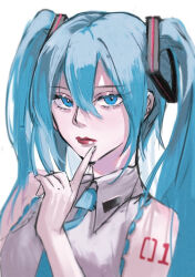 Rule 34 | 1girl, aqua eyes, aqua hair, aqua necktie, arm tattoo, closed mouth, collared shirt, commentary, expressionless, hair between eyes, hand up, hatsune miku, highres, index finger raised, kachimashita, long hair, looking at viewer, necktie, number tattoo, red lips, shirt, simple background, sleeveless, sleeveless shirt, solo, tattoo, twintails, vocaloid, white background, white shirt