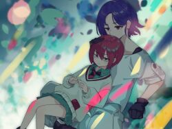 1boy 1girl :i amate_yuzuriha aqua_eyes atoi57209036 blue_hair blush collared_shirt colored_inner_hair commentary_request gloves gundam gundam_gquuuuuux hetero highres kissing_head leaning_on_person long_sleeves multicolored_hair necktie pants purple_hair red_eyes red_hair school_uniform shirt short_hair shuji_ito sitting sitting_on_lap sitting_on_person skirt sweater two-tone_hair white_shirt