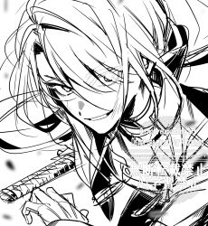 Rule 34 | 1boy, character request, dated, english text, eyes visible through hair, fighting stance, gloves, greyscale, hair over one eye, jacket, katana, long hair, looking at viewer, male focus, monochrome, nijisanji, ninahachi, ready to draw, sketch, smile, solo, sword, twitter username, upper body, v-shaped eyebrows, virtual youtuber, watermark, weapon