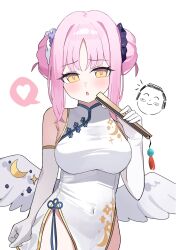 1girl :o alternate_costume bare_shoulders blue_archive blush breasts china_dress chinese_clothes commentary_request doodle_sensei_(blue_archive) double_bun dress elbow_gloves feathered_wings folded_fan folding_fan gloves hair_bun hand_fan hand_up heart highres holding holding_fan large_breasts long_hair looking_at_viewer low_wings mika_(blue_archive) muki_c pink_hair sensei_(blue_archive) simple_background sleeveless sleeveless_dress solo spoken_heart very_long_hair white_background white_dress white_gloves wings yellow_eyes