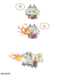 2girls blonde_hair breath_weapon breathing_fire burnice_white caesar_king_(zenless_zone_zero) chibi chopsticks cup_ramen eating fire grey_hair highres holding holding_chopsticks korean_fire_noodles multiple_girls red-tinted_eyewear sima_(exavalon00) spicy spoken_emoji tears tinted_eyewear twintails zenless_zone_zero