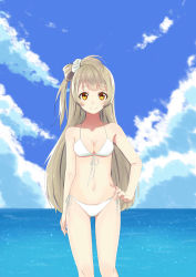 Rule 34 | 10s, 1girl, absurdres, bikini, breasts, brown eyes, brown hair, cleavage, female focus, front-tie bikini top, front-tie top, grey hair, highres, long hair, love live!, love live! school idol project, minami kotori, natsukawa17, navel, ocean, one side up, scrunchie, side-tie bikini bottom, smile, solo, standing, swimsuit, white bikini