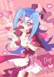 1girl blue_hair box collarbone cowboy_shot dress english_text gift happy_valentine heart-shaped_box highres holding holding_gift kamishiro_rio long_hair mochimochi_sei pink_background purple_eyes simple_background solo valentine white_dress yu-gi-oh! yu-gi-oh!_zexal