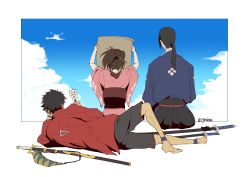 1girl 2boys absurdres ankle_wrap bare_shoulders black_hair black_hakama black_shorts blue_shirt cloud cloudy_sky dango facing_away food full_body fuu_(samurai_champloo) hair_ornament hair_stick hakama head_on_hand highres holding holding_map igusaharu jacket japanese_clothes jinnosuke katana kimono long_hair lying map mugen_(samurai_champloo) multiple_boys on_side pink_kimono ponytail red_jacket samurai_champloo shirt short_hair shorts sitting sky sword twitter_username wagashi weapon wide_sleeves
