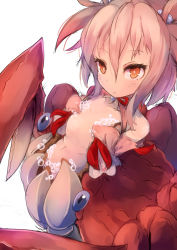1girl :c arthropod_girl bubble cancer_(monster_girl_encyclopedia) commentary_request covering_nipples covering_privates crab_girl flat_chest hair_between_eyes hair_ornament long_sleeves monster_girl monster_girl_encyclopedia monster_girl_encyclopedia_ii multicolored_hair orange_eyes red_hair simple_background sketch sleeves_past_wrists solo taur totoya_z two_side_up white_background