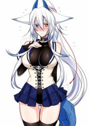 Rule 34 | 1girl, animal ears, bare shoulders, black gloves, black thighhighs, blue eyes, blue skirt, blush, breasts, bridal gauntlets, commentary request, cowboy shot, elbow gloves, embarrassed, female focus, flying sweatdrops, fox ears, gloves, gluteal fold, heterochromia, horns, huge breasts, konshin, long hair, looking at viewer, orange eyes, orie hakua, original, pleated skirt, simple background, skirt, solo, sweatdrop, tail, thigh gap, thighhighs, white background