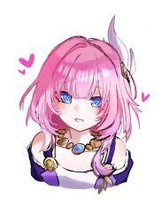 Rule 34 | 1girl, bladelover, blue eyes, breasts, coat, collarbone, cropped torso, cyrene (honkai: star rail), dress, hair ornament, hashtag-only commentary, heart, highres, honkai: star rail, honkai (series), jewelry, multicolored hair, necklace, pink hair, pink pupils, purple coat, simple background, small breasts, smile, solo, two-tone hair, white background, white dress, white hair