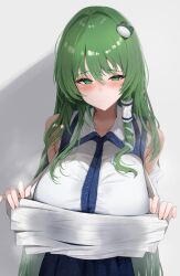 1girl 258n absurdres blush breasts detached_sleeves frog frog_hair_ornament green_eyes green_hair hair_ornament hair_tubes highres kochiya_sanae long_hair sarashi single_hair_tube snake snake_hair_ornament solo touhou undone_sarashi