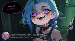 1girl arcane:_league_of_legends arcane_jinx asymmetrical_bangs bare_shoulders blue_hair braid fangs fingerless_gloves gloves jinx_(league_of_legends) league_of_legends long_hair makeup nail_polish nipples pink_eyes reagan_long runny_makeup speech_bubble teeth twin_braids watermark web_address