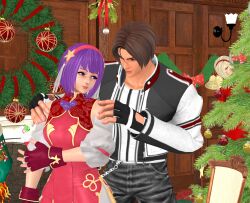 3d asamiya_athena ash_crimson christmas christmas_tree highres kusanagi_kyou mistletoe psycho_soldier snk the_king_of_fighters the_king_of_fighters_xv xnalara_(medium)
